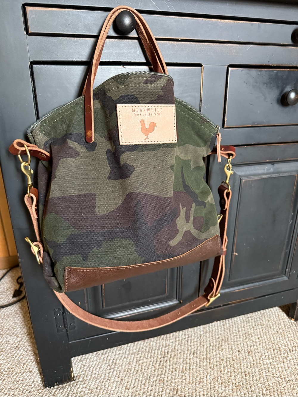 Camo Canvas Tote with Brown Leather Trim - Women Bags
